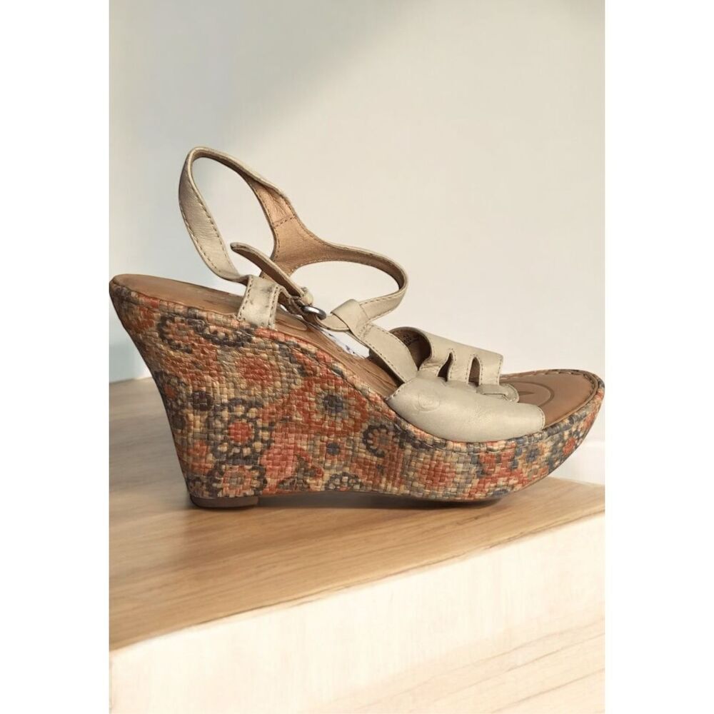 Born Platform Sandals Womens 10 High Wedge Floral Orange Braided Slingback Boho - Picture 1 of 12